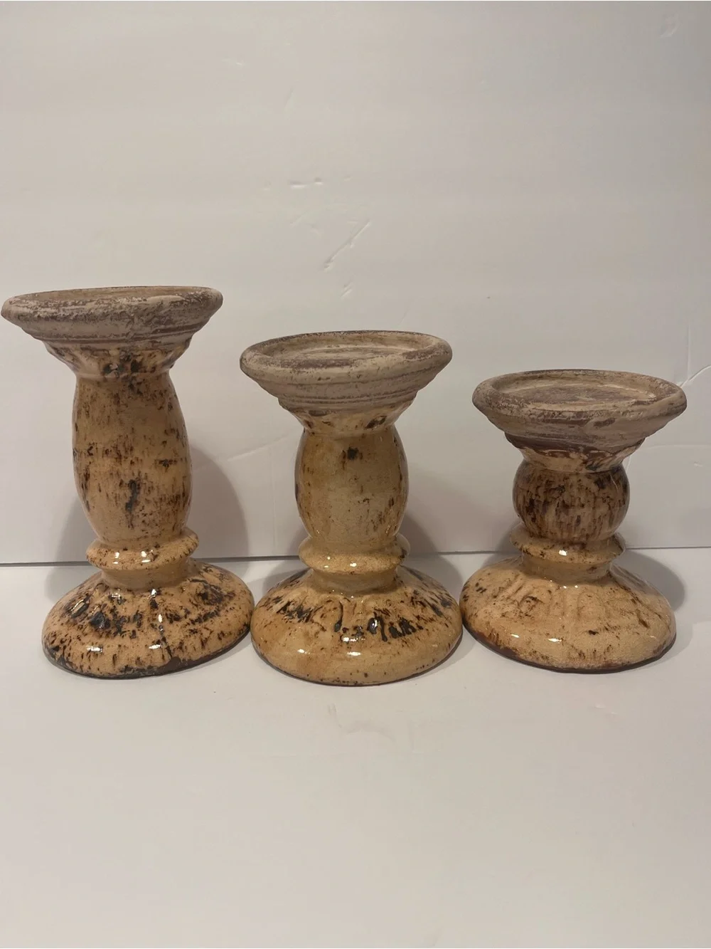 Vintage French Glazed Terracotta Pillar Candleholders Set of 3 Rare